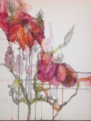A quirky flower drawing in shades of red and orange